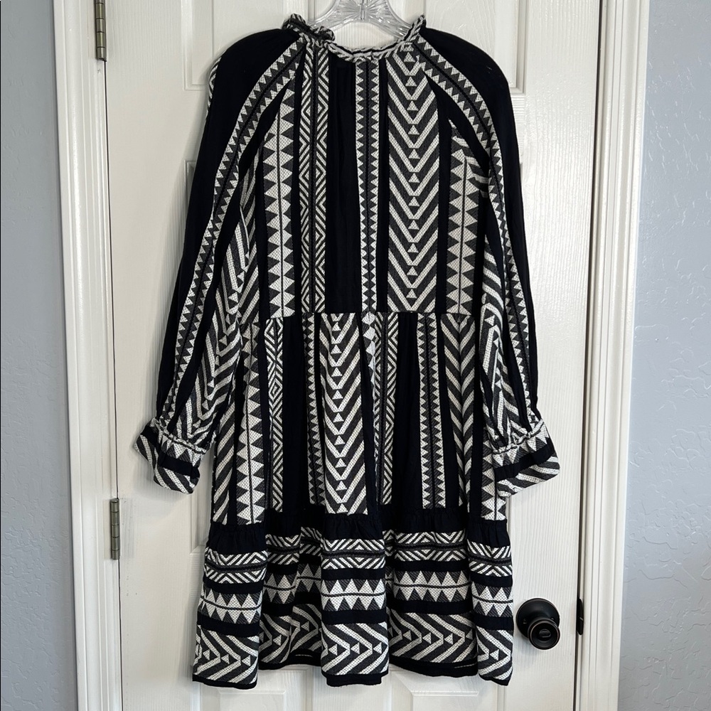 Maeve Anthropologie Black & White Aztec Print Dominique Popover Dress Pockets XS - Picture 4 of 12